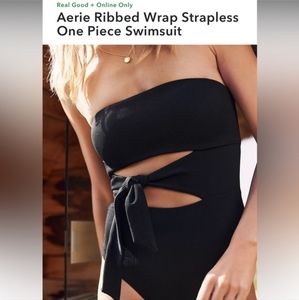 aerie Black Ribbed Wrap Strapless One-Piece / small long / NWT